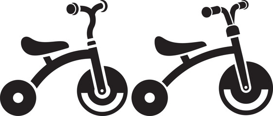Two simple black and white silhouettes of children s tricycles