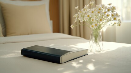 Hardcover book with blank pages rests on a beige sofa, accompanied by flowers in a vase and a cat, all illuminated by natural light