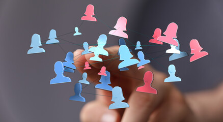 Abstract network of people silhouettes connected by lines representing social connection,...