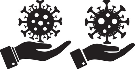 Two hands holding coronavirus icons symbolizing protection and prevention