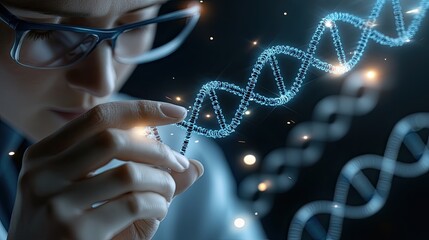 A digital figure with a DNA helix above shows tech and women's empowerment against a high-tech backdrop