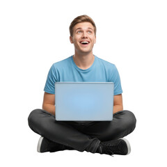 Man sitting cross legged with laptop looking up and smiling isolated on transparent background