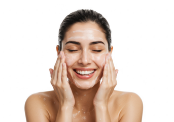 Woman smiling while applying face cream isolated on transparent background