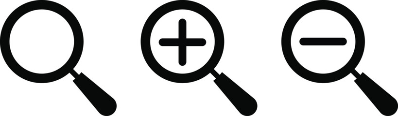 zoom in and zoom out icon set. Search icon with plus and minus sign. Magnifier glass sign with zoom in out symbols 