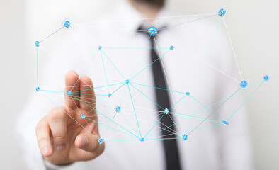 Concept of global connection and modern technology with a hand interacting with a digital network. Business, innovation, and communication ideas