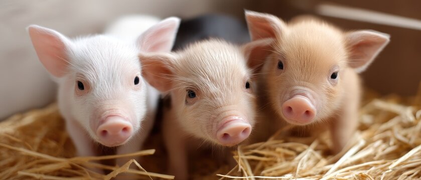Three adorable piglets playing in a cozy straw bed on a sunny farm near the countryside during a warm spring afternoon