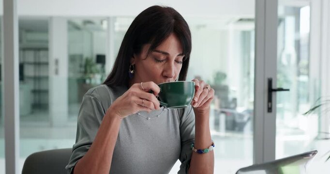 Laptop, business woman and drinking coffee in office for project inspiration, editing break or smile. Journalist, employee and happy with beverage at media agency for productivity and article review