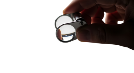 Hand holding a magnifying glass with dark background
