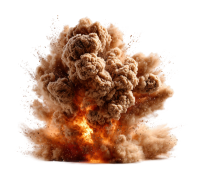 Explosive detonation in industrial action sequence dramatic view isolated on transparent background