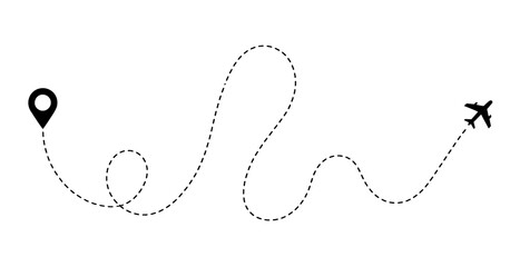Obraz premium Airplane route with dotted line and location pin, isolated on transparent background