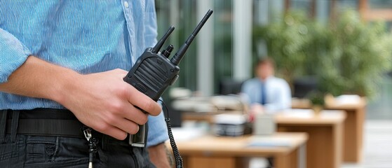 Security personnel communicates with two-way radio while monitoring office activity during business hours in a modern corporate environment