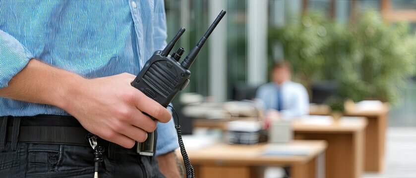 Security personnel communicates with two-way radio while monitoring office activity during business hours in a modern corporate environment