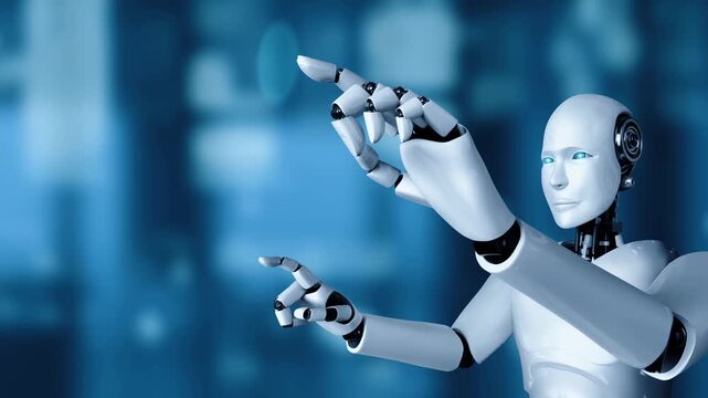 AI hominoid robot touch screen of mathematics formula and science equation by using artificial intelligence thinking and machine learning process for the 4th industrial revolution. 3D rendering.