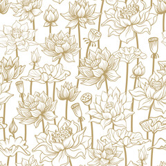 Seamless vector pattern with lotus flowers, outline drawing
