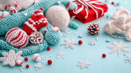 Cozy winter holiday arrangement featuring knitted teal blanket, festive red and white ornaments, sparkling snowflakes, and warm knitted accessories on soft blue background