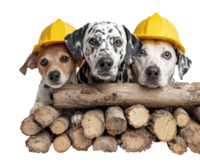 Playful construction dogs dressed for work fun isolated on transparent background
