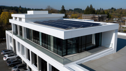 Modern building features solar panels on rooftop in a green area