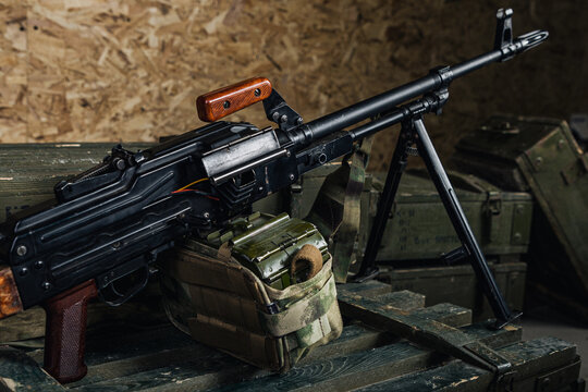 prepared tactical weapons arrangement, armament presentation with field supplies and protective