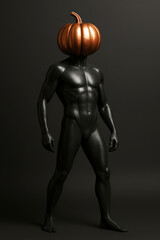 Black mannequin with pumpkin head on dark background