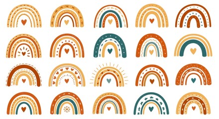 Boho rainbow collection featuring earthy tones and heart motifs for childrens decor and design projects