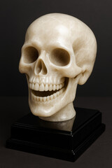 Ivory-colored skull sculpture on black pedestal