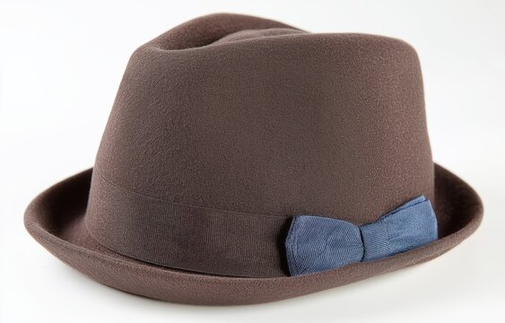 Brown hat featuring a blue bow tie on a white background, highlighting classic design and quality craftsmanship
