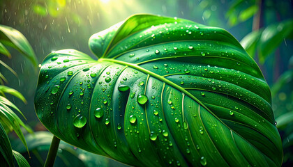 Macro of Giant Tropical Leaf with Raindrops and Sun Rays