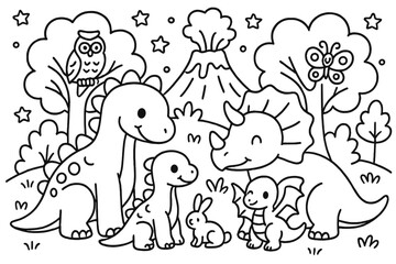 Dinosaur Family Reunion. Magical dinosaur family gathering near a volcano with trees, stars, and friendly animals, black and white