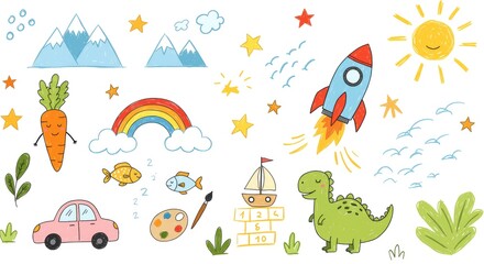 Cute childish drawings set on white background illustration rocket dinosaur rainbow sun stars mountains clouds fish car carrot sailboat