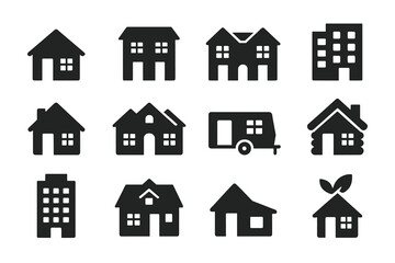 Residential Building Icons. Solid style icons of residential buildings: single-family house, townhouse, duplex, apartment block,