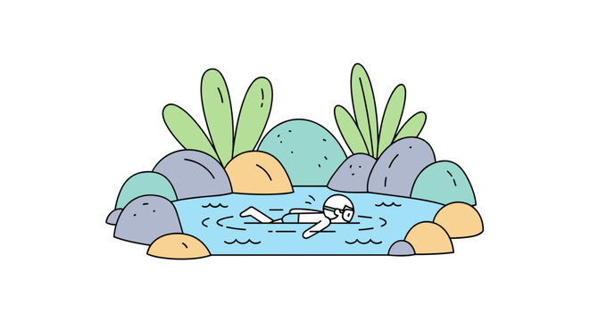 Person swimming in a hidden lagoon surrounded by rocks and plants  
