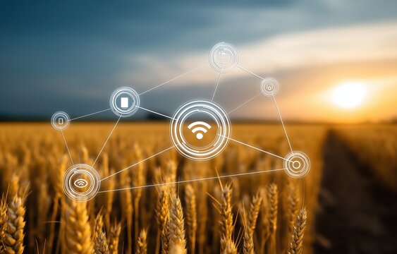 Innovative technology integration in agriculture enhances sustainability in a golden wheat field at sunset