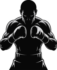 Fototapeta premium Muscular Boxer Man Silhouette in Fighting Stance with Boxing Gloves Isolated on Transparent Background