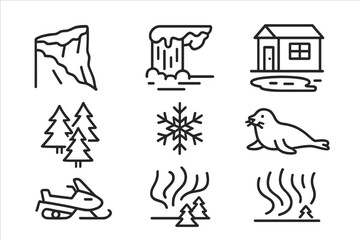 Fototapeta premium Winter Fjord Icons. Line style icons of Winter Fjord: Snowy Cliff, Frozen Waterfall, Ice Fishing Hut, Snowmobile, Pine Trees,