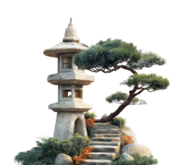 Serene japanese pagoda garden tranquil nature view isolated on transparent background