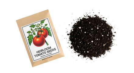 Heirloom Tomato Seeds Packet and Pile of Soil organic