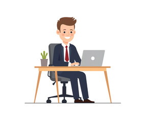 Cartoon businessman working at desk with laptop in isolated black background vector illustration