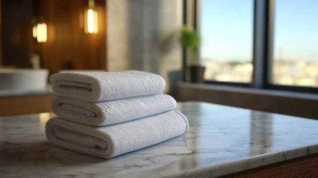 A stack of three white folded towels rests on a veined marble countertop with a blurred interior background featuring warm lights and a sunlit window view