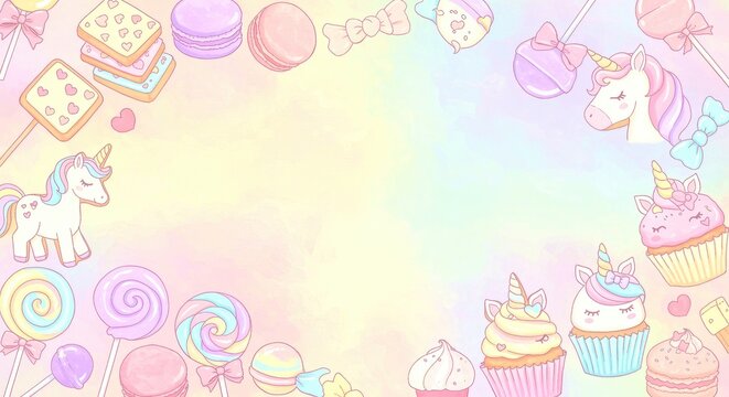 Whimsical pastel frame border filled with cute hand drawn unicorn cupcakes macarons and lollipops on a soft gradient background