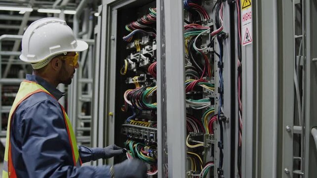 Worker manages electrical system in large facility during maintenance operation