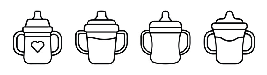 Baby bottle outline illustration set for feeding newborn infant with handles and different shapes