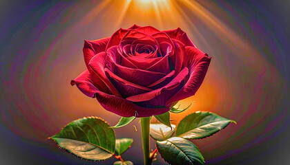 Dramatic Red Rose Close-up with Bright Overhead Light Ray