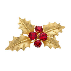 Gold holly leaves brooch with red gems holiday decoration