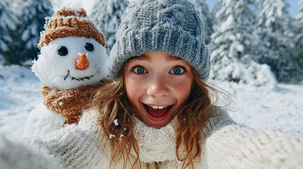 ni&ntilde;a con el pelo largo casta&ntilde;o claro, que lleva un gorro gris y  jersey blanco de lana, haci&eacute;ndose un selfie con unmu&ntilde;eco de nieve con nariz naranja, bufanda y gorro gris, sobre fondo de bosque nevado
