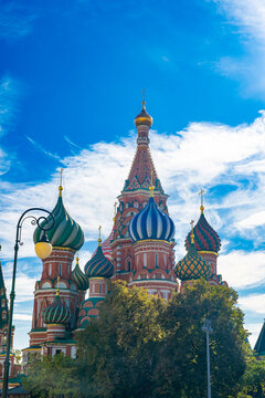 Saint Basil's Cathedral under a vibrant blue sky