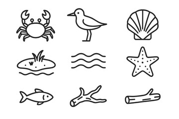Naklejka premium Wildlife Sandbar Icons. Line style icons of Wildlife Sandbar: Crab, Seabird, Shell, Exposed Land, Tide, Starfish, Small Fish,
