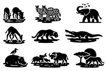 Obraz premium Wildlife Icon Extravaganza. Solid style icons of Wildlife Interaction: animals drinking, zebra herd at water, elephant spraying,