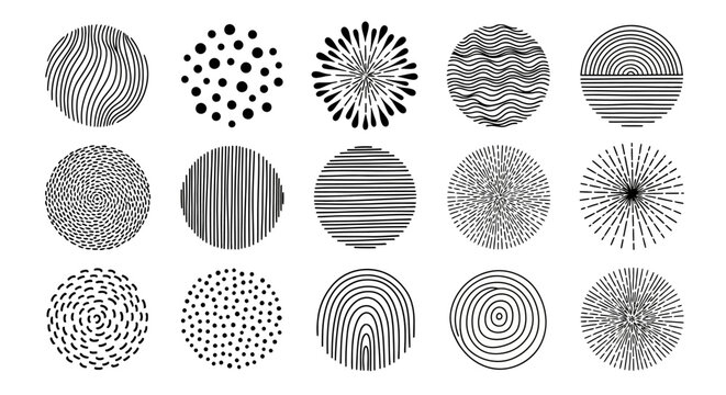 Set of abstract circular graphic elements with diverse linear and dotted patterns for creative design applications