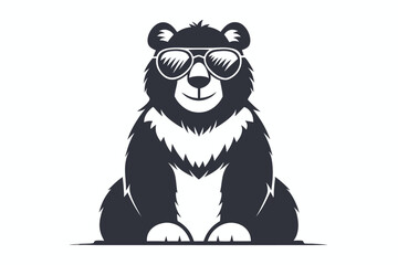 A cool black bear is smiling while wearing reflective sunglasses and sitting down