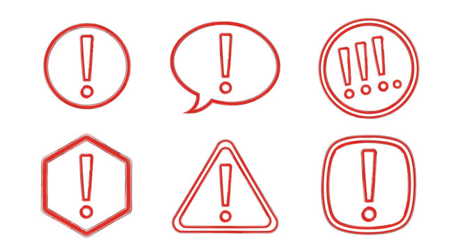 Collection of red warning and exclamation mark icons in various geometric and speech bubble shapes